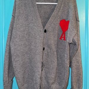 Ami Gray Cardigan with Red Heart Accent